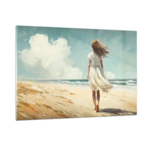 Glasbild - Bild auf glas - Eine Frau in einem weißen Kleid läuft barfuß an einem sonnigen Strand - 120x80cm - Der Sonne und dem Wind begegnen - Moderne Wanddekoration für Wohnzimmer und Schlafzimmer ARTTOR