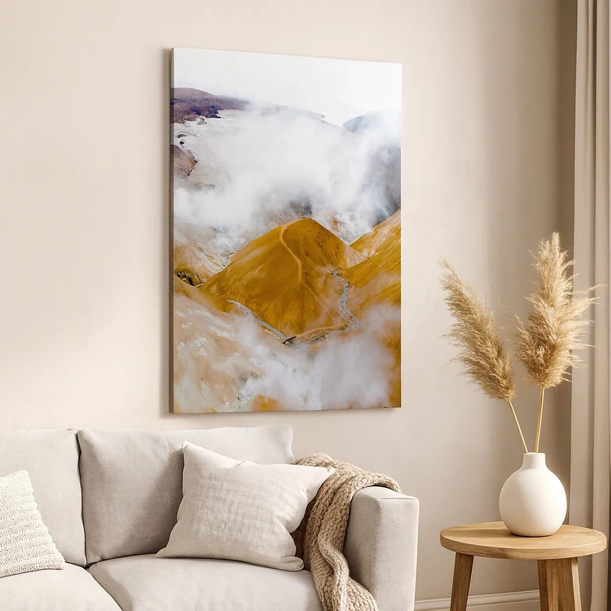 Bild auf Leinwand - Leinwandbild - Eine Berglandschaft mit Dampf in einem rauen Klima - 50x70cm - Islands rohe Schönheit - Moderne Wanddekoration für Wohnzimmer und Schlafzimmer ARTTOR