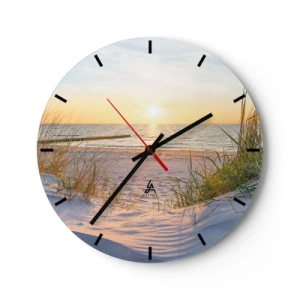Wanduhr - Glasuhr - Sandstrand mit Seegras bei Sonnenuntergang - 30x30cm - Das Rauschen des Meeres, der Gesang der Vögel, ein wilder Strand im Gras ... - Moderne Wanddekoration für Wohnzimmer, Küche und Schlafzimmer ARTTOR