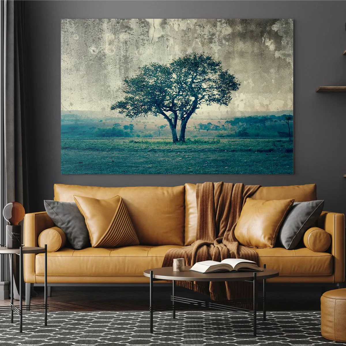 Glasbild - Bild auf glas - Ein einsamer Baum in einer Vintage-Landschaft - 70x50cm - Ein Apfelbaum auf blauem Feld? - Moderne Wanddekoration für Wohnzimmer und Schlafzimmer ARTTOR