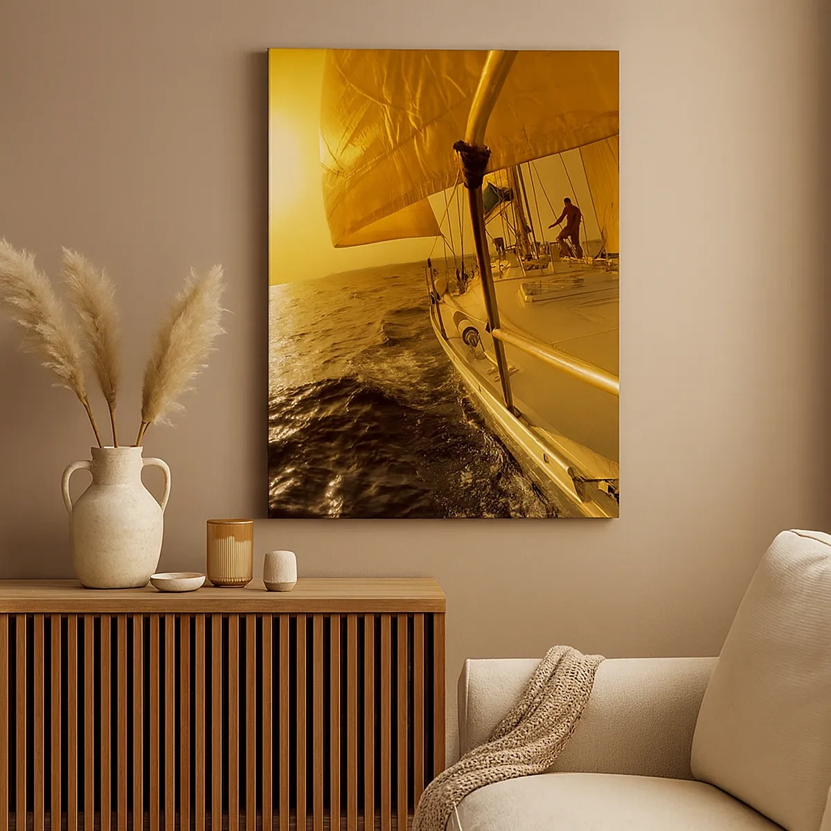 Bild auf Leinwand - Leinwandbild - Segelboot auf See bei Sonnenuntergang, goldener Schein. - 50x70cm - Ein goldener Abend nach einem bunten Tag - Moderne Wanddekoration für Wohnzimmer und Schlafzimmer ARTTOR