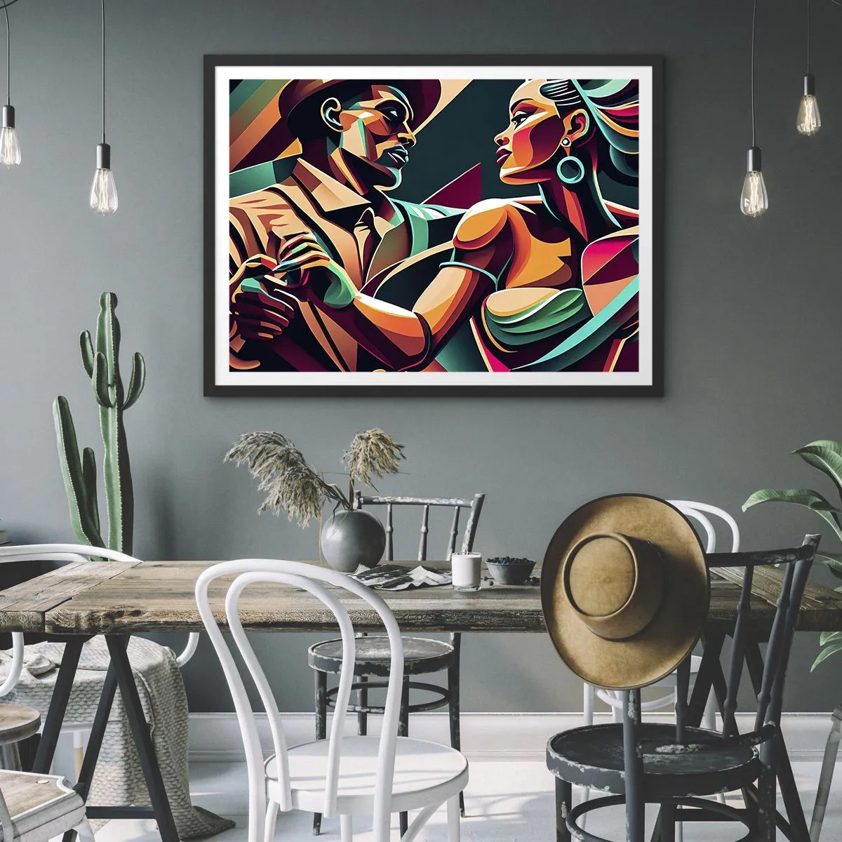 Poster in einem schwarzem Rahmen - Ein stilisiertes Paar, das in leuchtenden, geometrischen Farben tanzt. - 70x50cm - Im Rhythmus des Herzens - Moderne Wanddekoration für Wohnzimmer und Schlafzimmer ARTTOR
