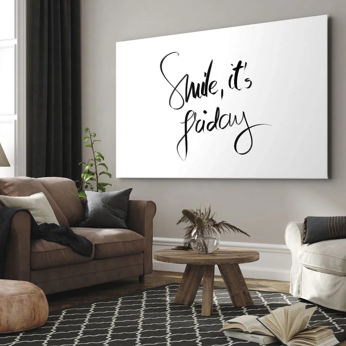 Bild auf Leinwand - Leinwandbild - Schwarz-weißer Schriftzug Smile, it's Friday - 70x50cm - Echte Freude - Moderne Wanddekoration für Wohnzimmer und Schlafzimmer ARTTOR