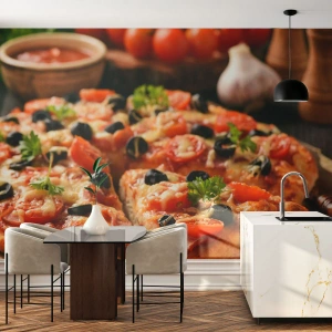 Selbstklebende Fototapete Deluxe Sticker - Du bist schon wieder davongekommen - Gastronomie, Pizza, Tomate - 300x210 cm