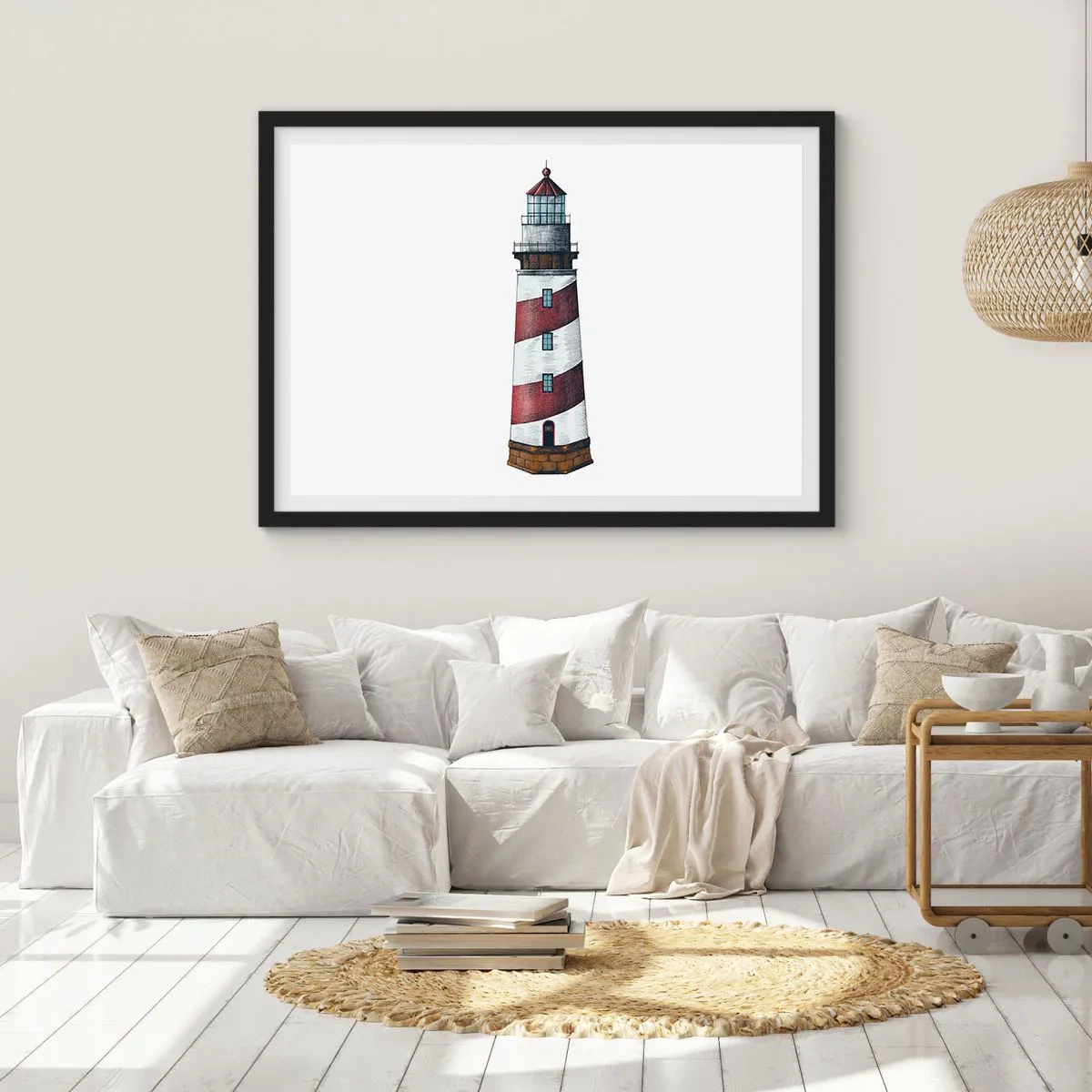 Poster in einem schwarzem Rahmen - Ein Cartoonbild eines Leuchtturms mit roten und weißen Streifen auf minimalistischem Hintergrund. - 70x50cm - Immer auf der Hut - Moderne Wanddekoration für Wohnzimmer und Schlafzimmer ARTTOR