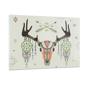 Glasbild - Bild auf glas - Symbolische Hörner und indianische Muster auf hellem Hintergrund - 120x80cm - Indische Jägertrophäe - Moderne Wanddekoration für Wohnzimmer und Schlafzimmer ARTTOR