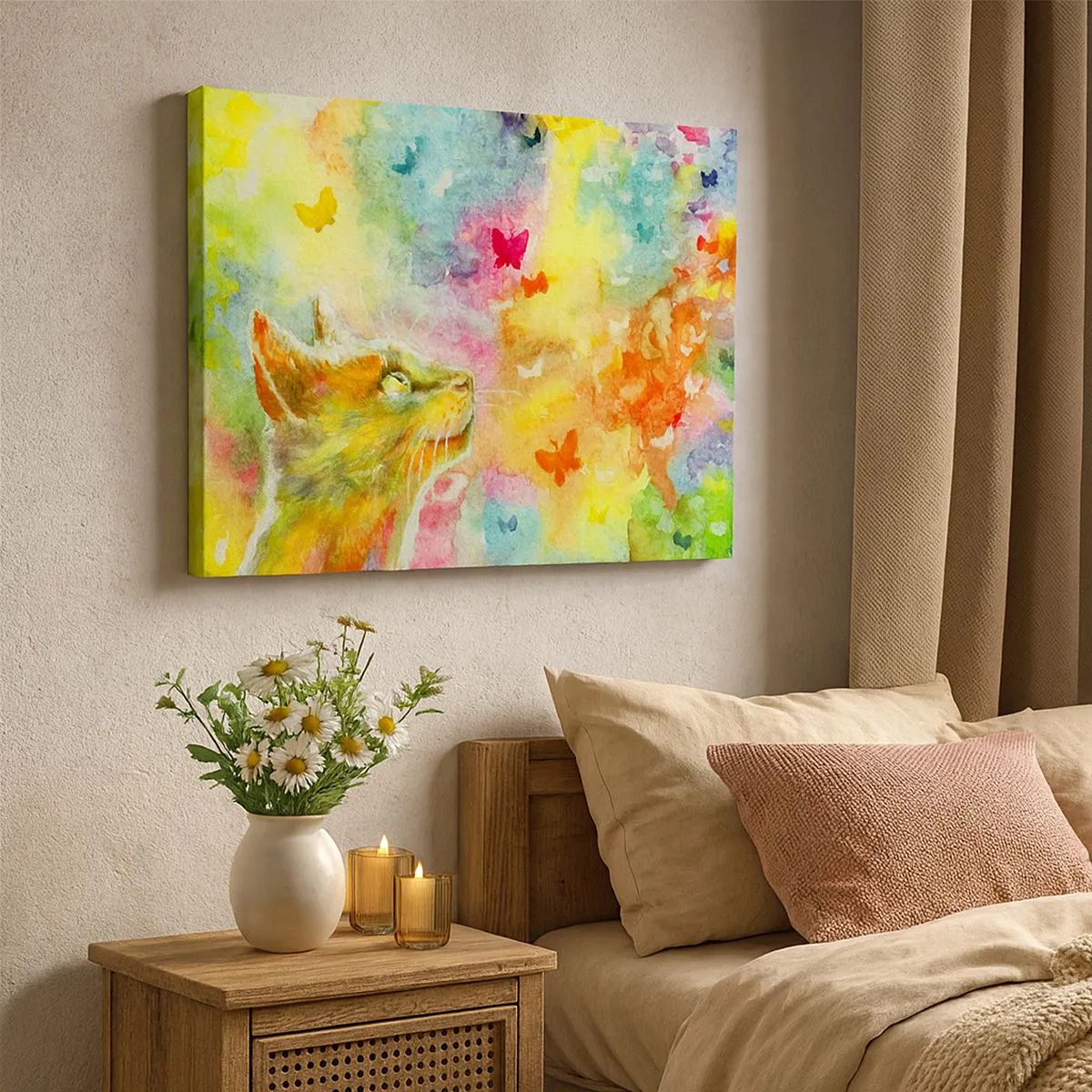 Bild auf Leinwand - Leinwandbild - Eine Katze umgeben von bunten Schmetterlingen - 70x50cm - Baju-baju im Katzenparadies - Moderne Wanddekoration für Wohnzimmer und Schlafzimmer ARTTOR