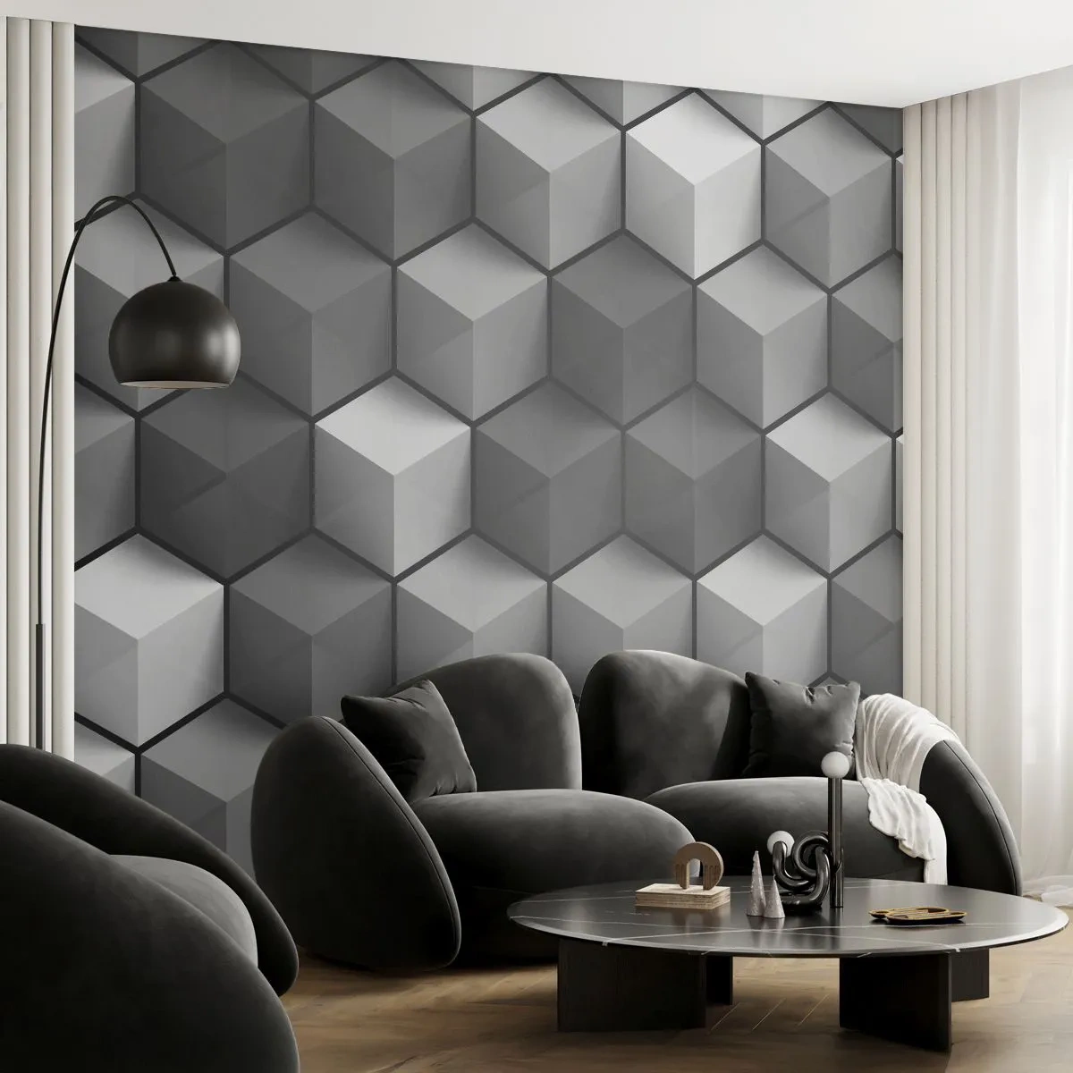Fototapete Premium Sand - Schwarz-weiße 3D-Kubikmuster - 100x70cm - Kubistisches Puzzle - Moderne Wanddekoration für Wohnzimmer und Schlafzimmer ARTTOR