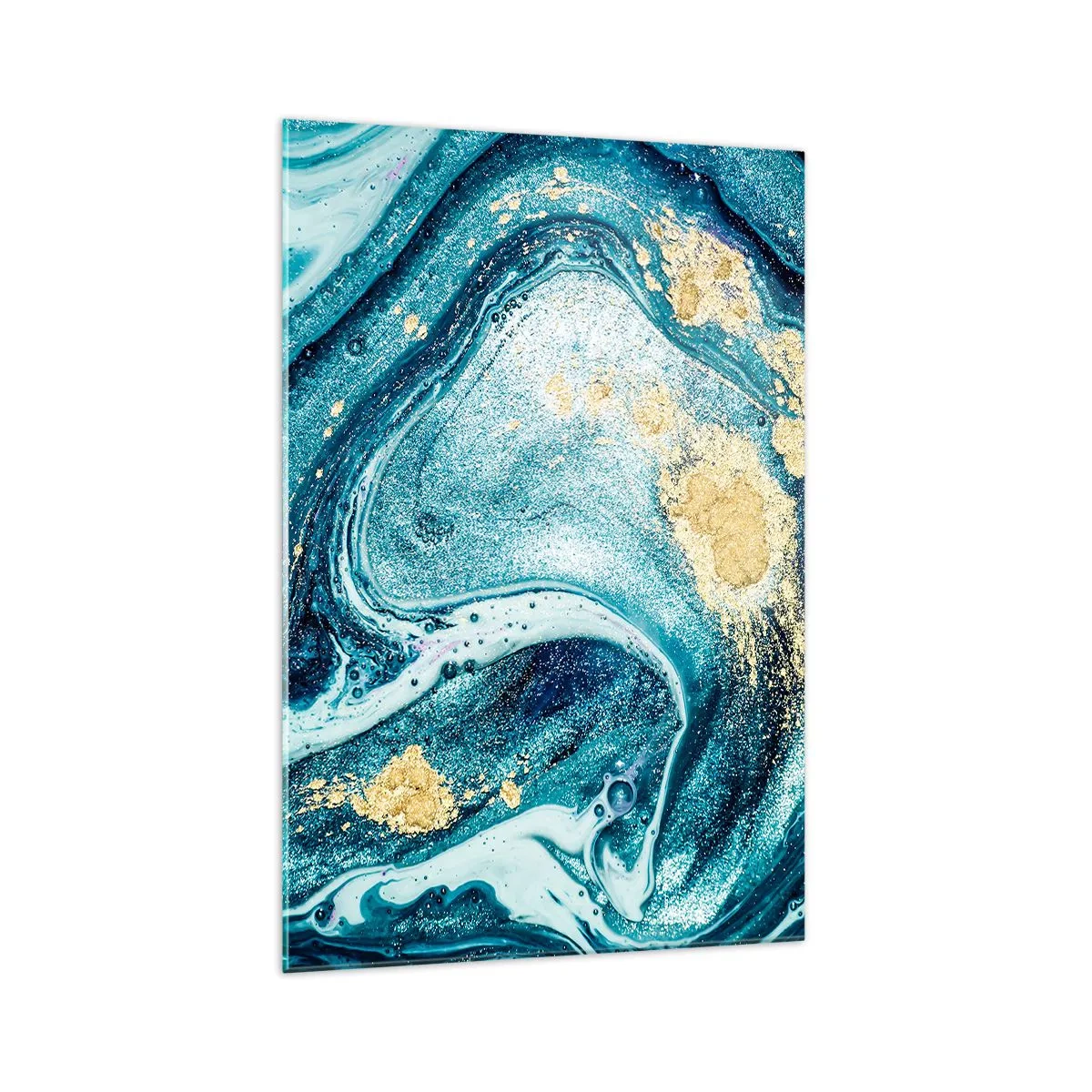 Glasbild - Bild auf glas - Eine abstrakte Komposition aus Wellen und goldenen Akzenten - 70x100cm - Blauer Wirbel - Moderne Wanddekoration für Wohnzimmer und Schlafzimmer ARTTOR