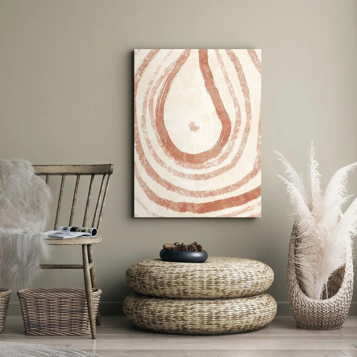 Bild auf Leinwand - Leinwandbild - Ein abstraktes Motiv aus konzentrischen Linien in Terrakotta-Tönen. - 50x70cm - Korallenkreise – Komposition - Moderne Wanddekoration für Wohnzimmer und Schlafzimmer ARTTOR