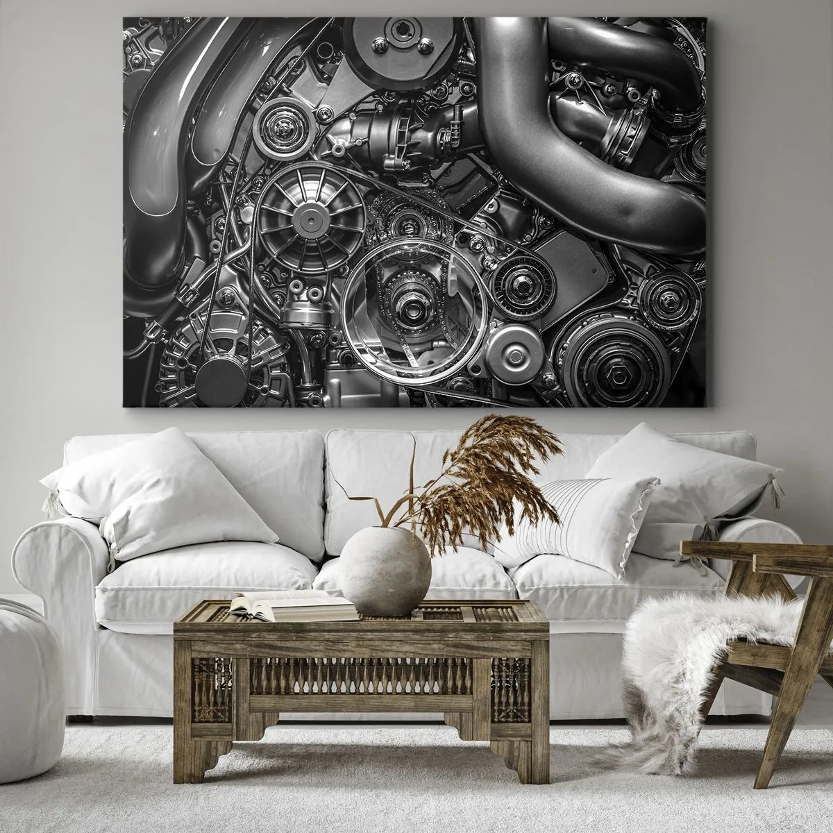Bild auf Leinwand - Leinwandbild - Schwarz-Weiß-Nahaufnahme der mechanischen Details eines Automotors. - 100x70cm - Die Poesie der Mechanik - Moderne Wanddekoration für Wohnzimmer und Schlafzimmer ARTTOR