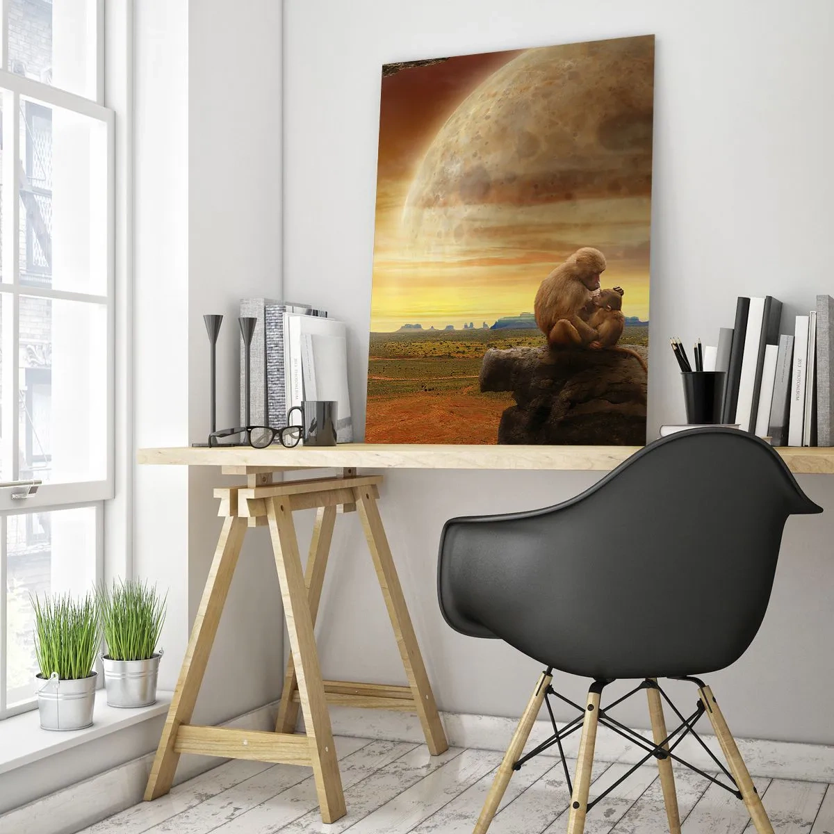 Glasbild - Bild auf glas - Affen sitzen auf einem Felsen in einer surrealen Landschaft mit einem riesigen Planeten - 80x120cm - Die Liebe ist überall gleich - Moderne Wanddekoration für Wohnzimmer und Schlafzimmer ARTTOR