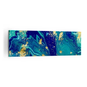 Bild auf Leinwand - Leinwandbild - Eine abstrakte Komposition mit blauen, grünen und goldenen Akzenten. - 160x50cm - Die Blütenblätter der Sonne - Moderne Wanddekoration für Wohnzimmer und Schlafzimmer ARTTOR