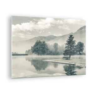 Glasbild - Bild auf glas - Ein ruhiger See am Morgen mit einer Bank und Nebel über dem Wasser - 70x50cm - Der See schläft noch - Moderne Wanddekoration für Wohnzimmer und Schlafzimmer ARTTOR