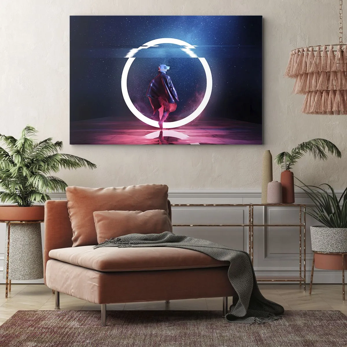 Bild auf Leinwand - Leinwandbild - Eine Figur in einer futuristischen Umgebung mit einem Neonkreis - 120x80cm - Zwischen den Welten - Moderne Wanddekoration für Wohnzimmer und Schlafzimmer ARTTOR