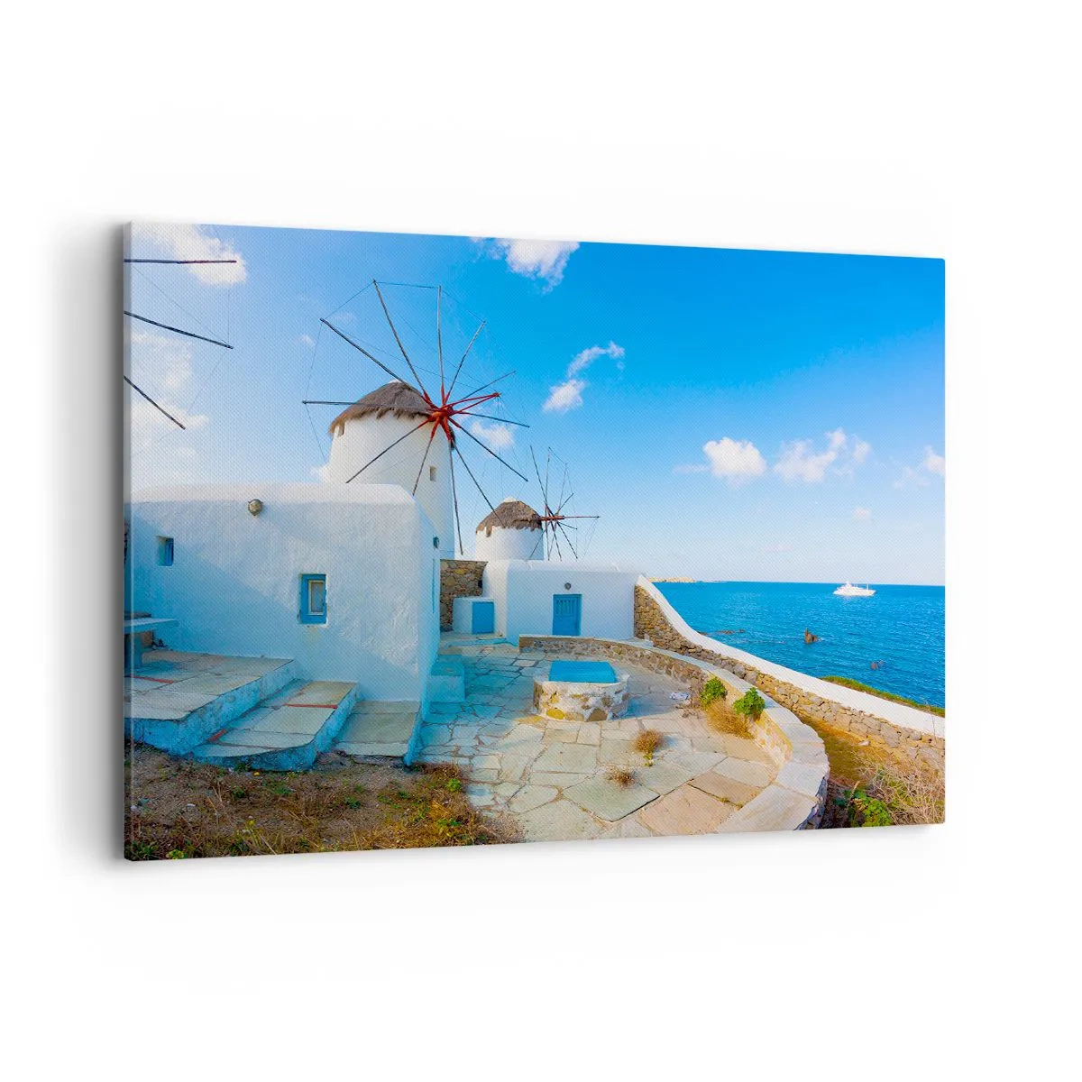 Bild auf Leinwand - Leinwandbild - Weiße Windmühlen an den Ufern des blauen Meeres - 100x70cm - Der blaue Wind vom Meer - Moderne Wanddekoration für Wohnzimmer und Schlafzimmer ARTTOR