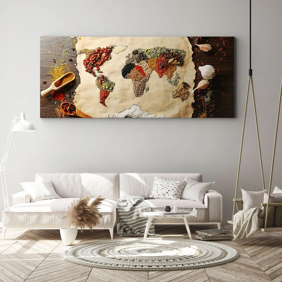 Bild auf Leinwand - Leinwandbild - Eine Weltkarte aus Gewürzen auf einem hölzernen Hintergrund. - 140x50cm - Alle Aromen der Welt - Moderne Wanddekoration für Wohnzimmer und Schlafzimmer ARTTOR