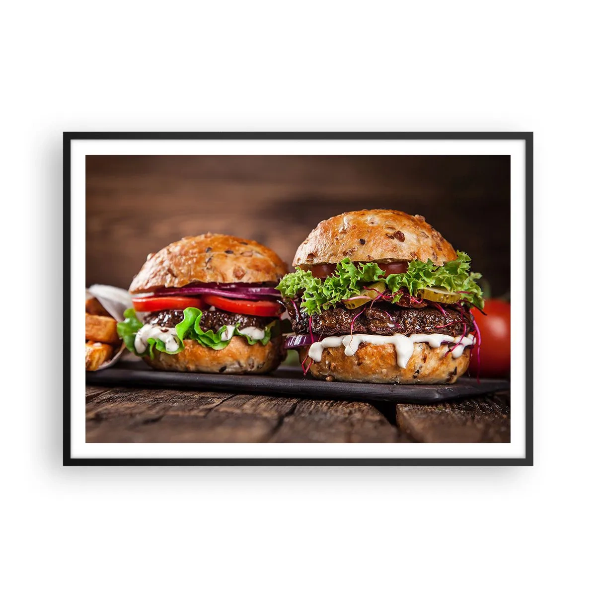 Poster in einem schwarzem Rahmen - Appetitliche Burger mit Gemüse und Sauce - 100x70cm - Amerikanischer Traum - Moderne Wanddekoration für Wohnzimmer und Schlafzimmer ARTTOR