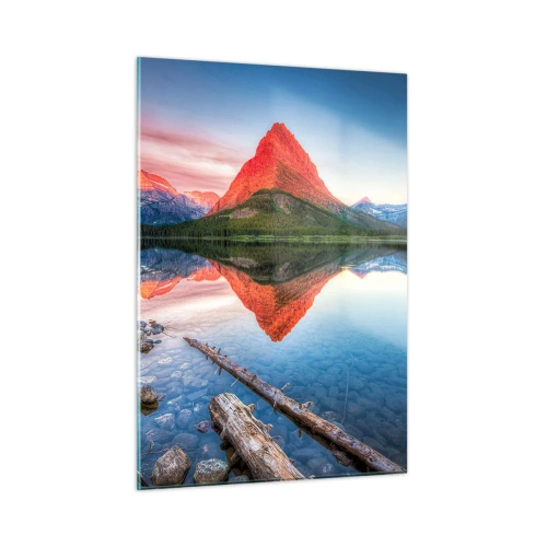 Glasbild - Bild auf glas - Ein Berggipfel spiegelt sich in einem ruhigen See - 50x70cm - Hitze und Kälte - Moderne Wanddekoration für Wohnzimmer und Schlafzimmer ARTTOR