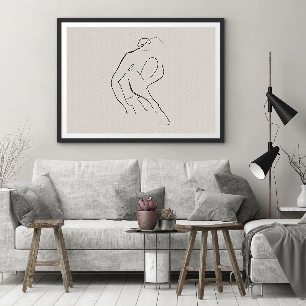 Poster in einem schwarzem Rahmen - Eine minimalistische Silhouette in Schwarz auf hellem Hintergrund - 100x70cm - Intime Skizze - Moderne Wanddekoration für Wohnzimmer und Schlafzimmer ARTTOR