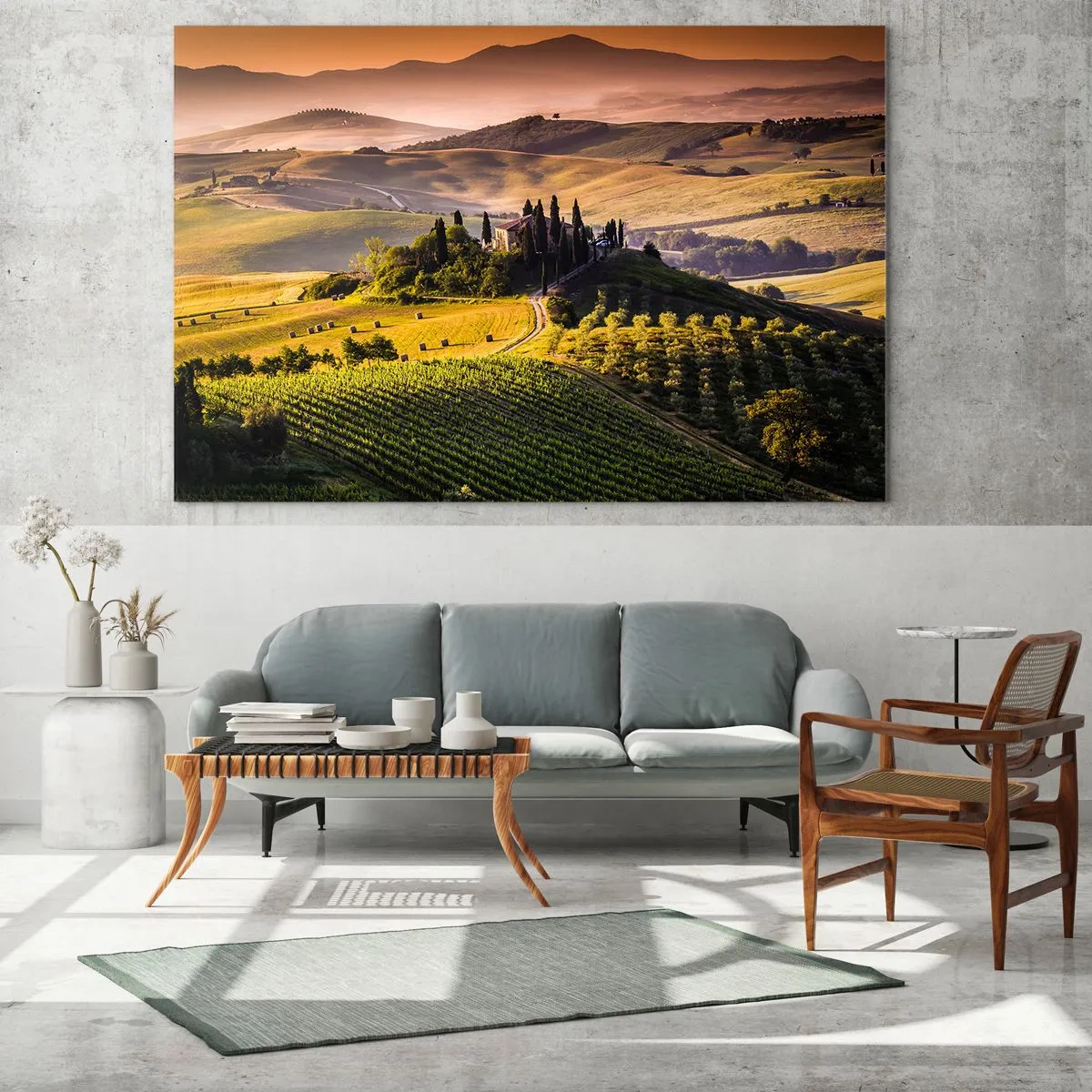 Glasbild - Bild auf glas - Toskanische Landschaft bei Sonnenaufgang - 100x70cm - Arkadien - die toskanische Landschaft - Moderne Wanddekoration für Wohnzimmer und Schlafzimmer ARTTOR