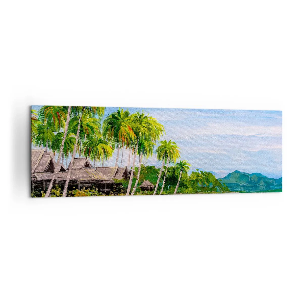 Bild auf Leinwand - Leinwandbild - Ein exotischer Strand mit Palmen und einem Boot am Ufer - 160x50cm - Exotischer Traum - Moderne Wanddekoration für Wohnzimmer und Schlafzimmer ARTTOR