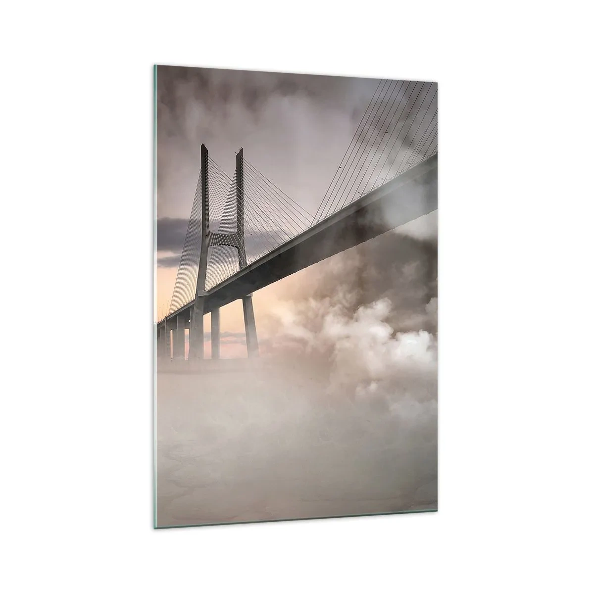 Glasbild - Bild auf glas - Eine Brücke über einen Fluss, umgeben von Nebel am Morgen - 70x100cm - Auf dem Fluss, den es nicht gibt - Moderne Wanddekoration für Wohnzimmer und Schlafzimmer ARTTOR