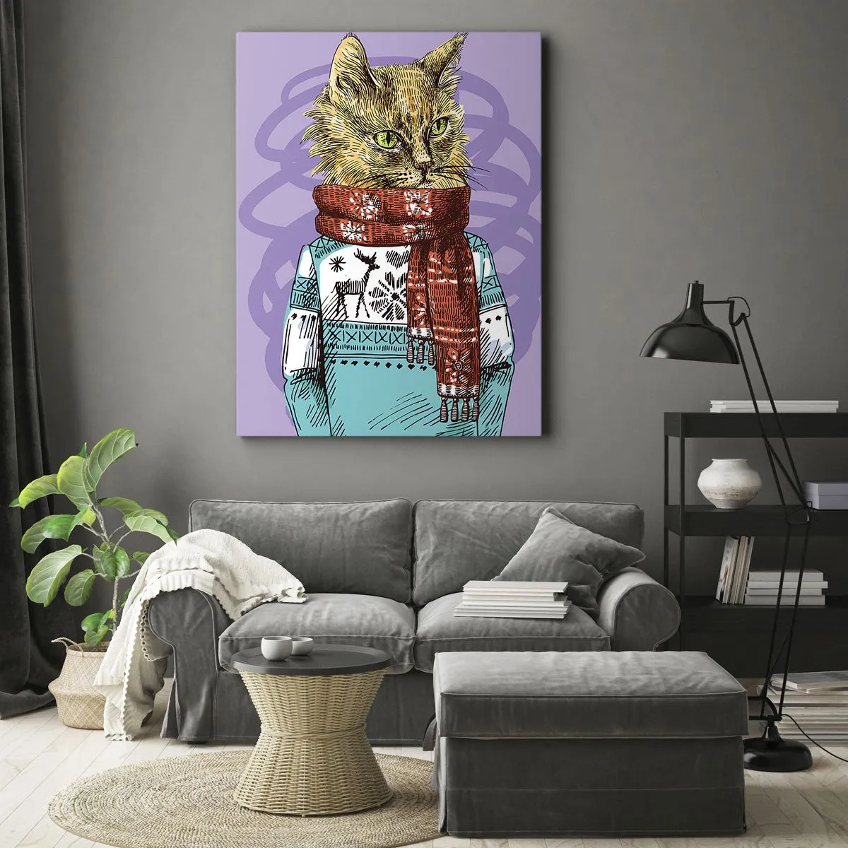 Bild auf Leinwand - Leinwandbild - Eine Katze in Pullover und Schal auf violettem Hintergrund - 80x120cm - Die Katze nicht nur in Schuhen - Moderne Wanddekoration für Wohnzimmer und Schlafzimmer ARTTOR