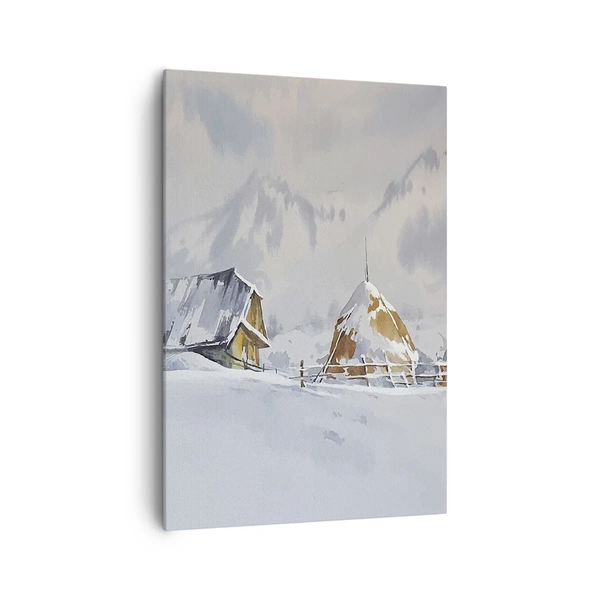 Bild auf Leinwand - Leinwandbild - Winterlandschaft mit Hütte und Heuhaufen in den Bergen - 70x100cm - In einem verschneiten Talkessel - Moderne Wanddekoration für Wohnzimmer und Schlafzimmer ARTTOR