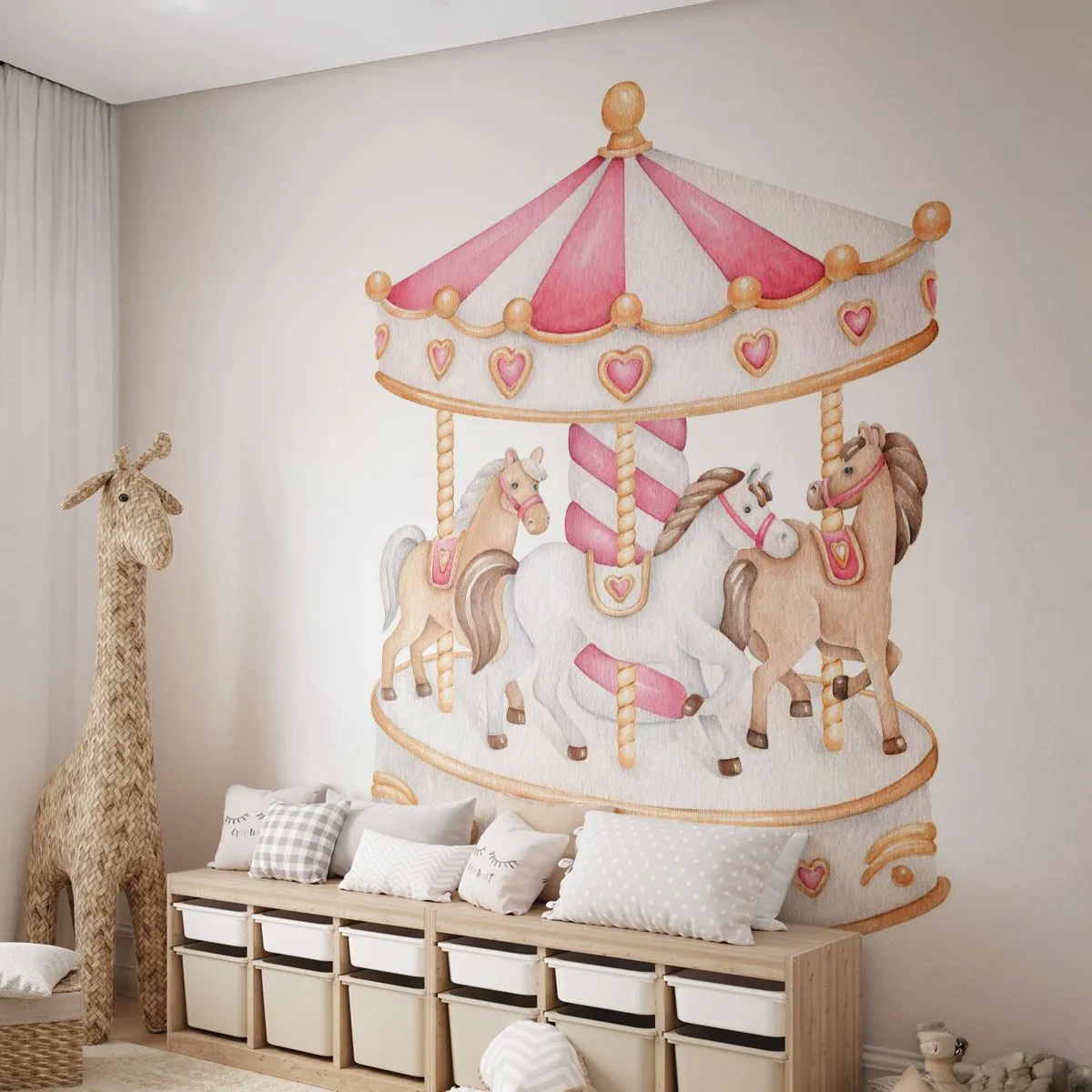 Fototapete Premium Sand - Rosa und beige Karussell mit Pferden auf weißem Hintergrund - 100x70cm - Süße Welt der Kindheit - Moderne Wanddekoration für Wohnzimmer und Schlafzimmer ARTTOR