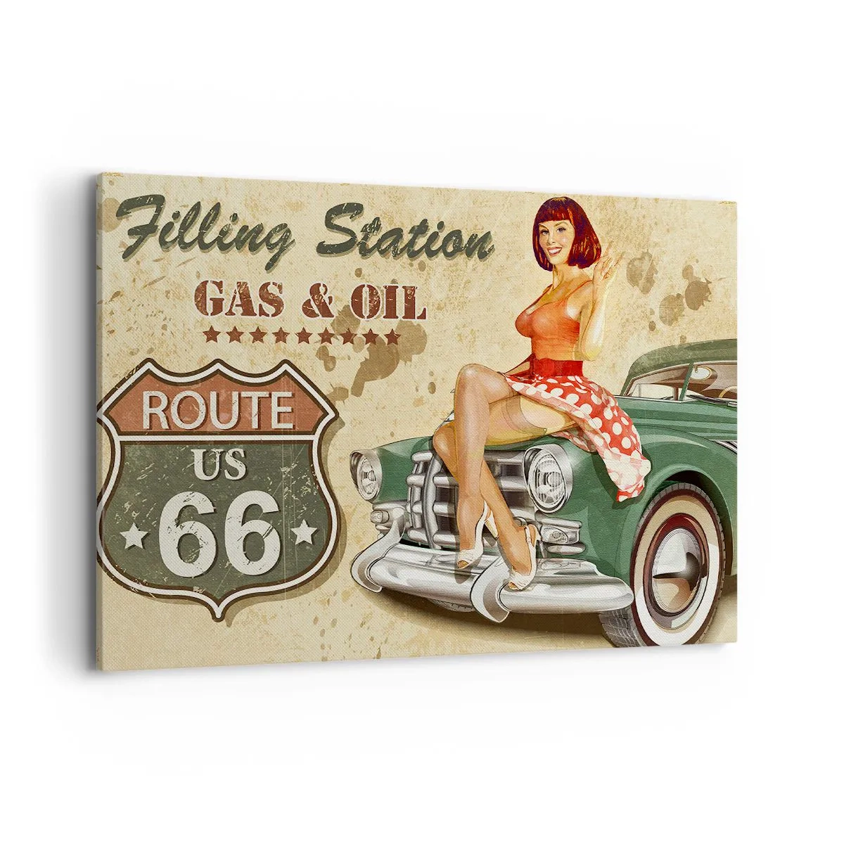 Bild auf Leinwand - Leinwandbild - Retro-Route 66-Poster mit Pin-up-Girl und Auto - 100x70cm - Die großen Jahre der 40er. - Moderne Wanddekoration für Wohnzimmer und Schlafzimmer ARTTOR