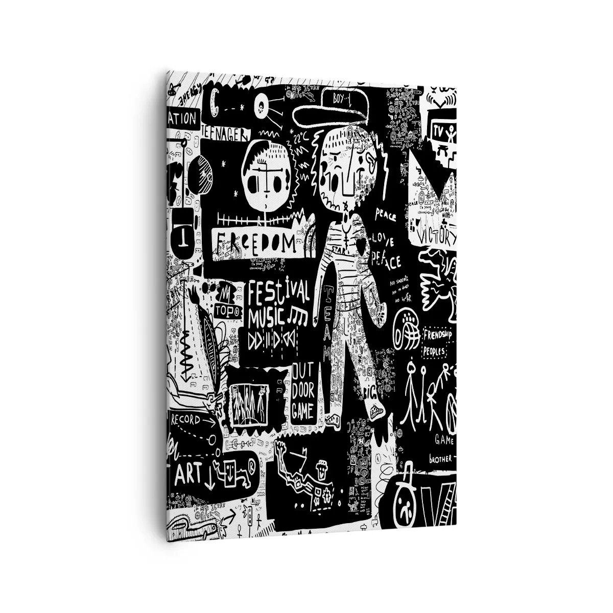 Bild auf Leinwand - Leinwandbild - Von der Straßenkunst inspirierte Schwarz-Weiß-Collage - 70x100cm - Spirituelle Jugend des Gesetzes und der Freude - Moderne Wanddekoration für Wohnzimmer und Schlafzimmer ARTTOR