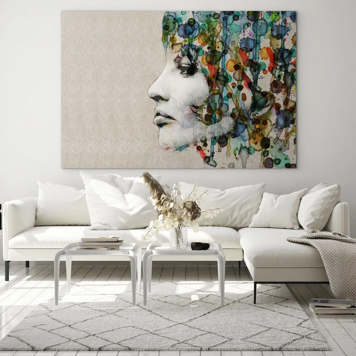 Glasbild - Bild auf glas - Frauenportrait mit abstrakten Farbakzenten - 120x80cm - Sie tauchte aus dem Grau auf - Moderne Wanddekoration für Wohnzimmer und Schlafzimmer ARTTOR