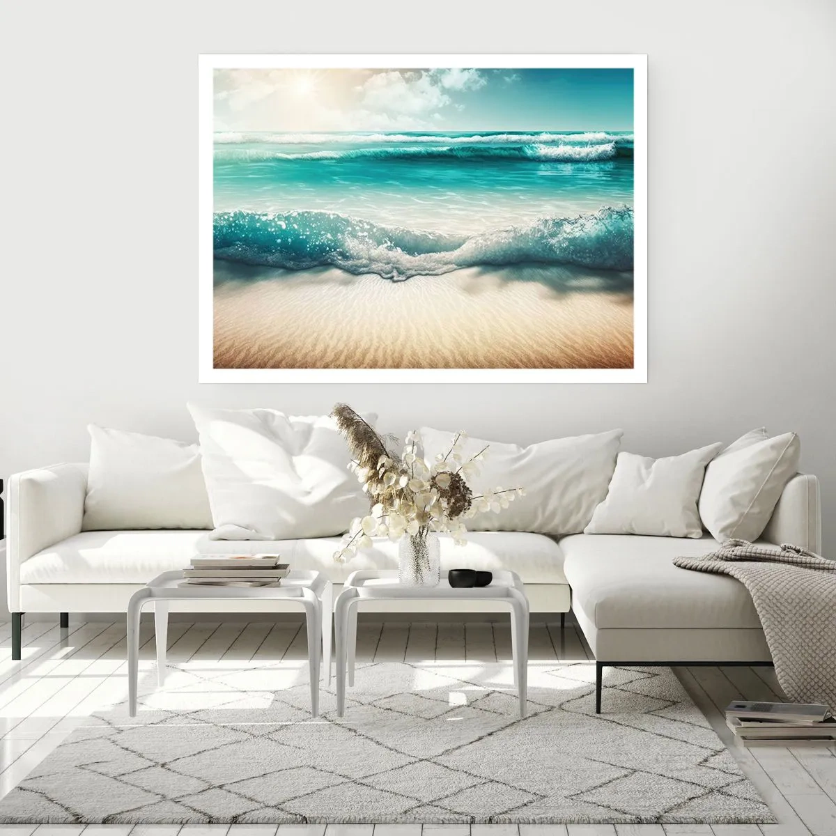 Poster - Meereswellen an einem hellen Sandstrand - 100x70cm - Frieden des Ozeans - Moderne Wanddekoration für Wohnzimmer und Schlafzimmer ARTTOR