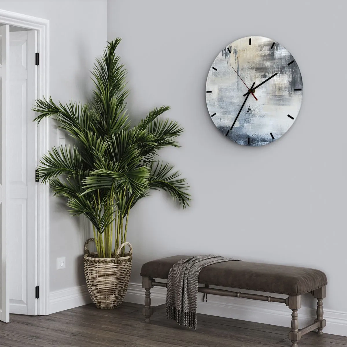Wanduhr - Glasuhr - Abstrakte Komposition in Grau- und Beigetönen - 30x30cm - Hinter dem blauen Vorhang - Moderne Wanddekoration für Wohnzimmer, Küche und Schlafzimmer ARTTOR