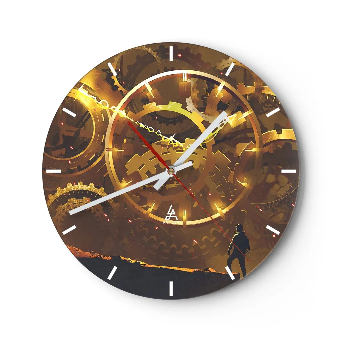 Wanduhr - Glasuhr - Goldene Zahnräder im mechanischen, industriellen Stil - 30x30cm - An der Quelle der Zeit - Moderne Wanddekoration für Wohnzimmer, Küche und Schlafzimmer ARTTOR
