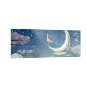Glasbild - Bild auf glas - Eine Frau im Mond, umgeben von Sternen und Wolken - 140x50cm - Blauer Freier - Moderne Wanddekoration für Wohnzimmer und Schlafzimmer ARTTOR