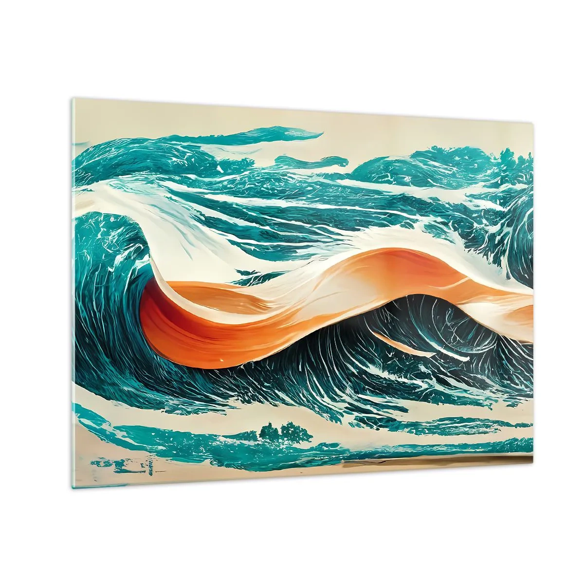 Glasbild - Bild auf glas - Türkisfarbene Wellen mit orangefarbenem Band im surrealen Stil - 70x50cm - Traum eines Surfers - Moderne Wanddekoration für Wohnzimmer und Schlafzimmer ARTTOR