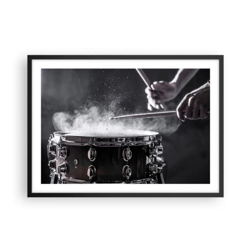 Poster in einem schwarzem Rahmen - Schlagen der Snare Drum mit Sticks mit Staubeffekt - 70x50cm - Der Puls der Musik - Moderne Wanddekoration für Wohnzimmer und Schlafzimmer ARTTOR