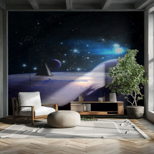 Fototapete Premium Sand - Weltraumansicht mit Planeten und Sternen - 100x70cm - Noch allein? - Moderne Wanddekoration für Wohnzimmer und Schlafzimmer ARTTOR