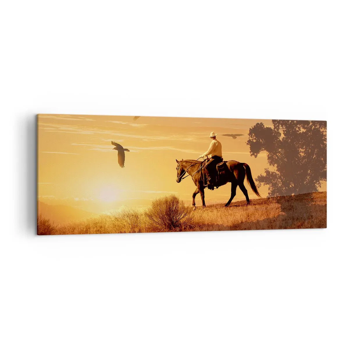 Bild auf Leinwand - Leinwandbild - Ein Reiter auf einem Pferd bei Sonnenuntergang vor der Prärie - 140x50cm - Allein durch die Prärie - Moderne Wanddekoration für Wohnzimmer und Schlafzimmer ARTTOR