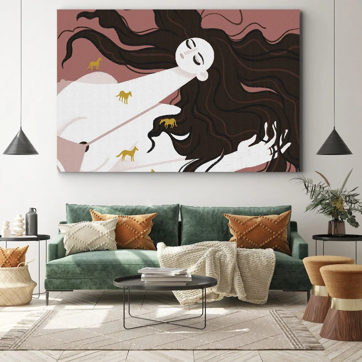 Bild auf Leinwand - Leinwandbild - Eine Figur mit geschlossenen Augen, umgeben von goldenen Pferden - 70x50cm - Traum von einem goldenen Pferd - Moderne Wanddekoration für Wohnzimmer und Schlafzimmer ARTTOR