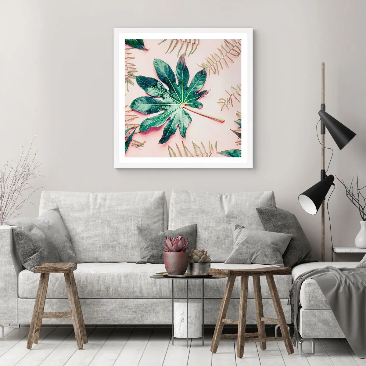 Poster in einem weißen Rahmen - Eine Studie von Grün auf einem rosa Hintergrund - 40x40 cm