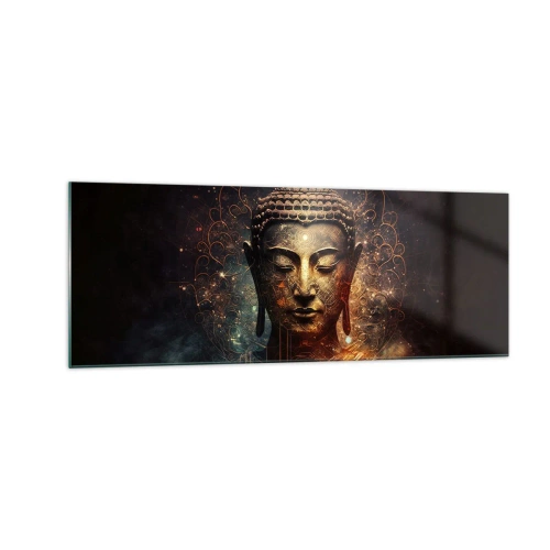 Glasbild - Bild auf glas - Goldener Buddha auf dunklem Hintergrund mit Ornamenten - 140x50cm - Spirituelles Gleichgewicht - Moderne Wanddekoration für Wohnzimmer und Schlafzimmer ARTTOR