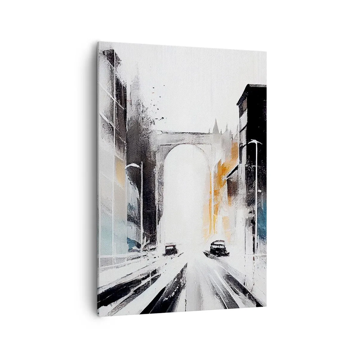 Bild auf Leinwand - Leinwandbild - Abstraktes Stadtpanorama mit einer Bogenbrücke - 70x100cm - Stadtstudie: Architektur und Bewegung - Moderne Wanddekoration für Wohnzimmer und Schlafzimmer ARTTOR