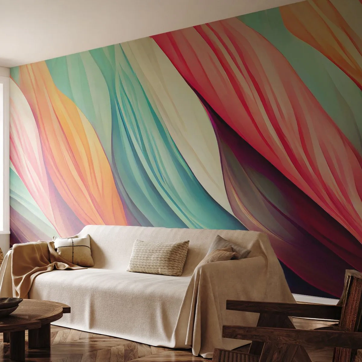 Fototapete Premium Sand - Regenbogengewebe - Pastell, Linien, Abstraktion - 450x315 cm