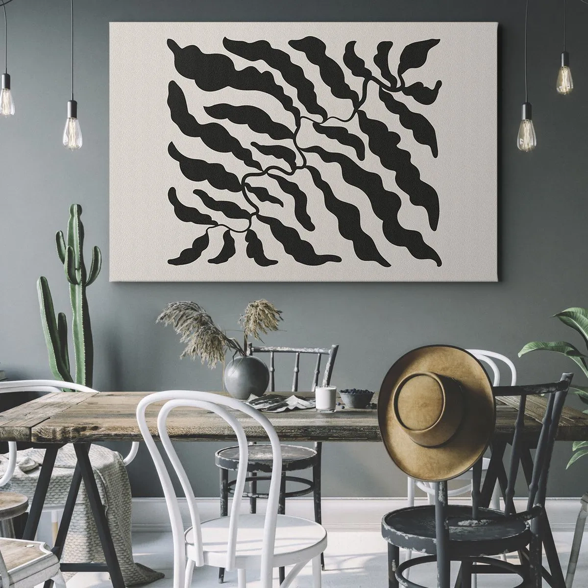 Bild auf Leinwand - Leinwandbild - Zweige mit Blättern in Schwarz auf hellem Hintergrund - 120x80cm - Natur des Quadrats - Moderne Wanddekoration für Wohnzimmer und Schlafzimmer ARTTOR