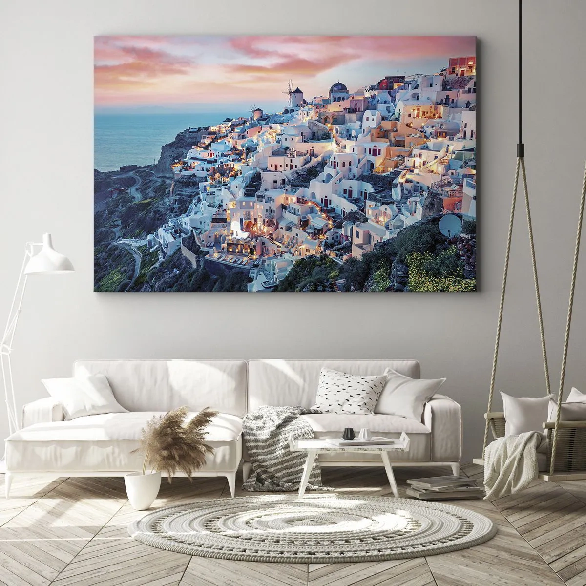 Bild auf Leinwand - Leinwandbild - Santorini bei Sonnenuntergang mit weißen Gebäuden auf dem Hügel - 120x80cm - Dein toller griechischer Urlaub - Moderne Wanddekoration für Wohnzimmer und Schlafzimmer ARTTOR