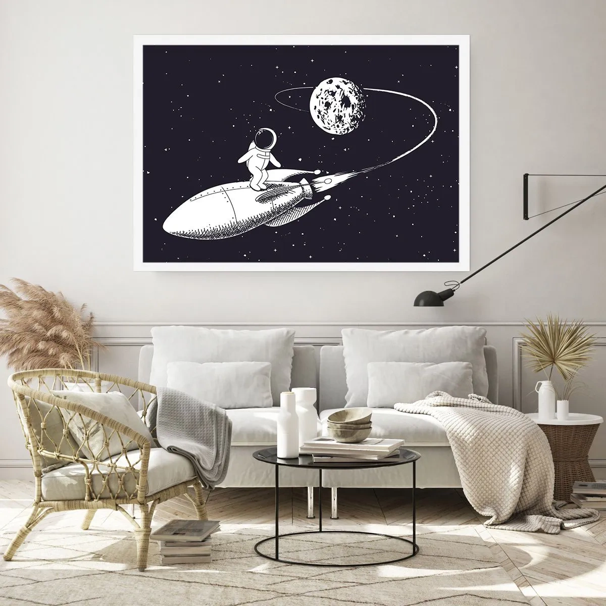 Poster - Astronaut auf einer Rakete im Weltraum - 100x70cm - Weltraumsurfer - Moderne Wanddekoration für Wohnzimmer und Schlafzimmer ARTTOR