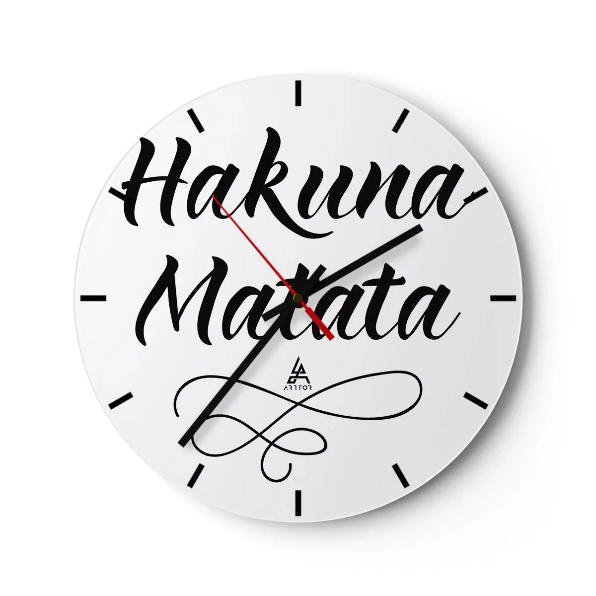 Wanduhr - Glasuhr - Schwarzer Hakuna Matata-Schriftzug auf weißem Hintergrund - 30x30cm - Bester Ratschlag - Moderne Wanddekoration für Wohnzimmer, Küche und Schlafzimmer ARTTOR